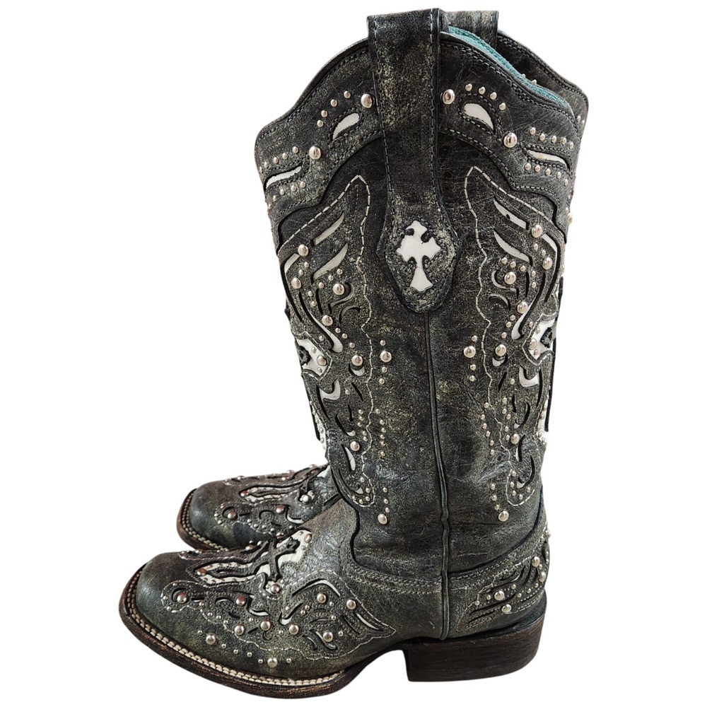 Corral Vintage Cross Square Toe Cowboy Western Boots 6.5M Cross Studded Bling - Picture 10 of 16